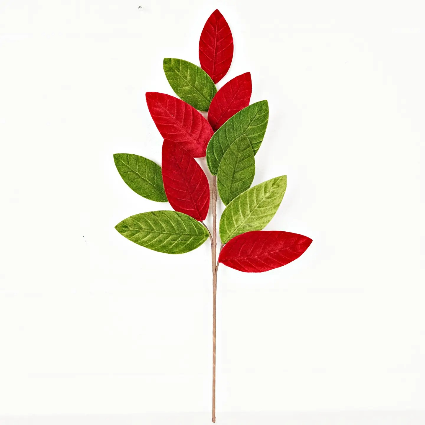 Velvet Red and Green Magnolia Leaf Spray