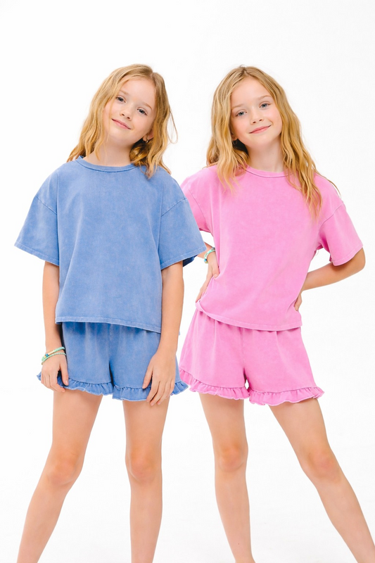Youth Girls Mineral Washed Ruffle Set | Pink | Blue