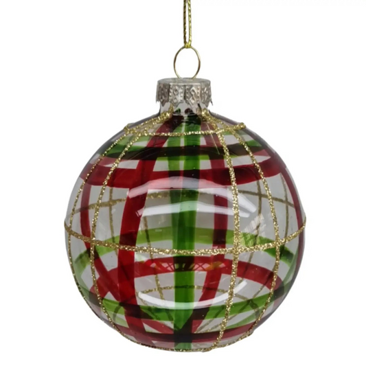 80mm Decorated Clear Glass Ornament Red Green Accents