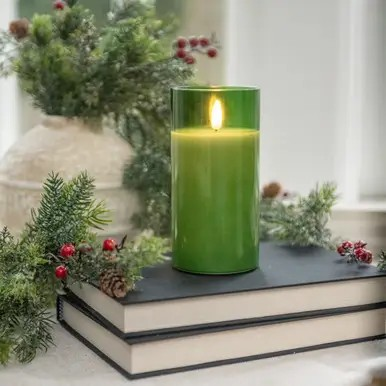 6" Pine Glass Flame Candle